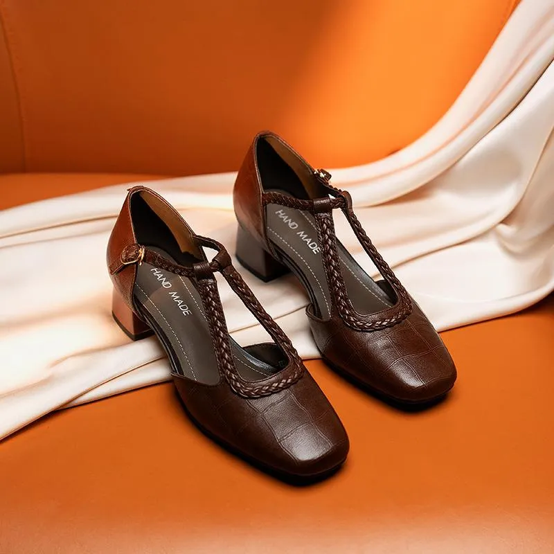 Genuine leather, 4cm heel, size 33-42, square toe sandals, chunky high heel, woven open-toe fashion women's shoes, brown/black/off-white. - Brown 33