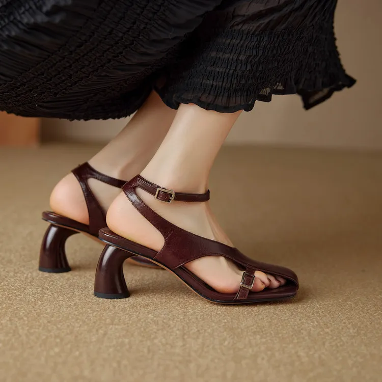 Spring/Summer Square Toe Sandals with Buckle Chunky Heel Fashion Leather Women's Shoes 4-20n - Burgundy 34