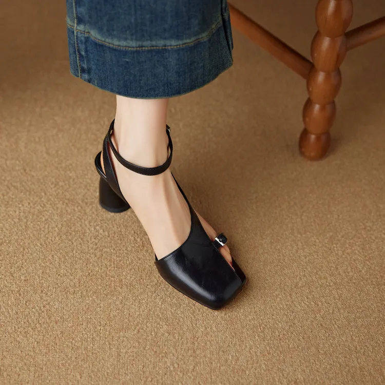 Spring/Summer Square Toe Sandals with Buckle Chunky Heel Fashion Leather Women's Shoes 4-20n - Black 34