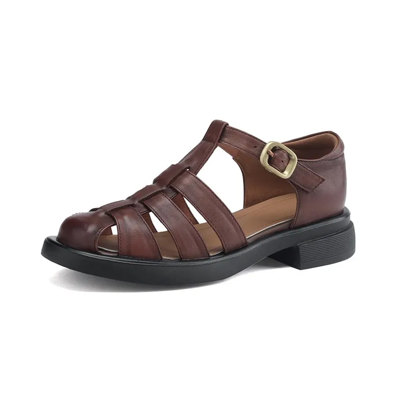 Summer retro French-style closed-toe women's shoes, plus sizes 34-39, 40, 41, 42, Roman sandals - Brown 34