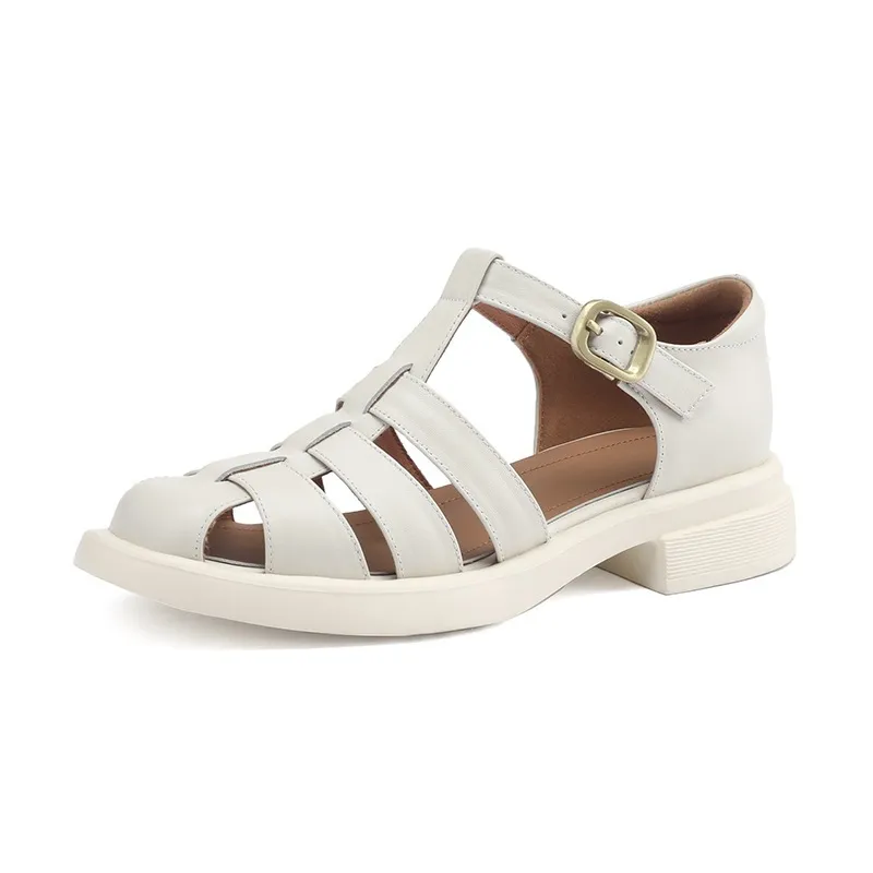 Summer retro French-style closed-toe women's shoes, plus sizes 34-39, 40, 41, 42, Roman sandals - White 34