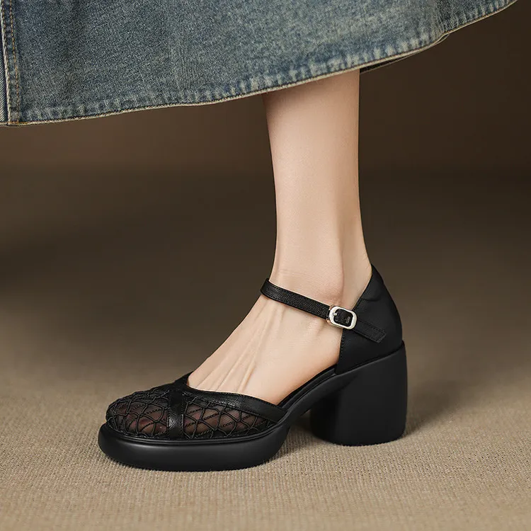 Spring/Summer Platform Chunky Heel High-Heel Buckled Sandals Sheepskin Fashion Women's Shoes 5-13d - Black 34