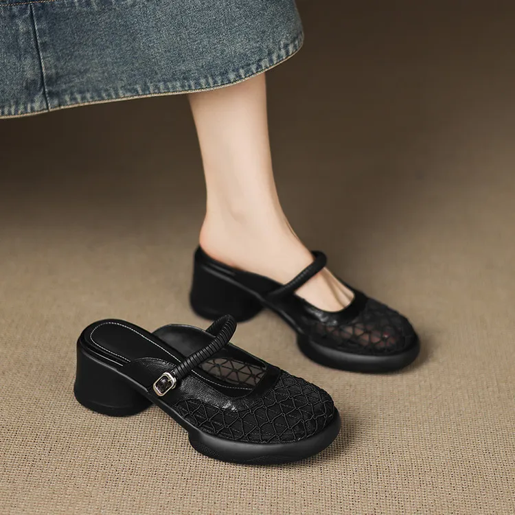 Spring/Summer Slippers, Round Toe, Thick Sole, Chunky Heel, High Heel, Sheepskin and Mesh Panel Women's Shoes, 5-13a - Black 34