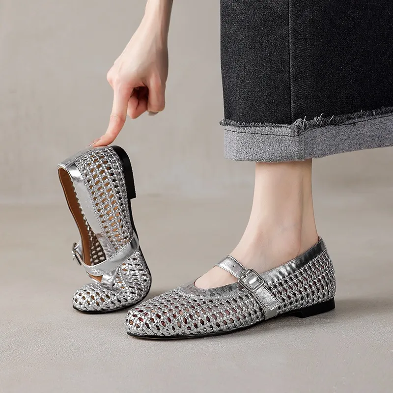 Woven women's shoes with one-strap openwork dance shoes, fashionable sandals, flat ballet flats - Silver 34