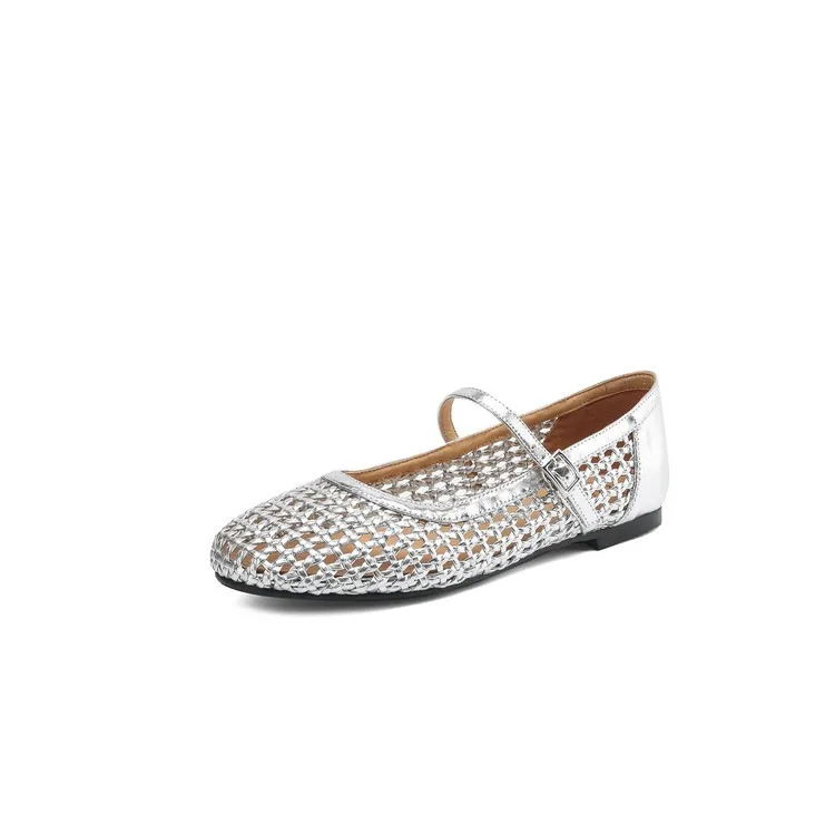 Summer 1cm low-heeled hollowed-out woven mesh single shoe with one buckle, silver flat Mary Jane women's shoes - Fashionable. Silver 34