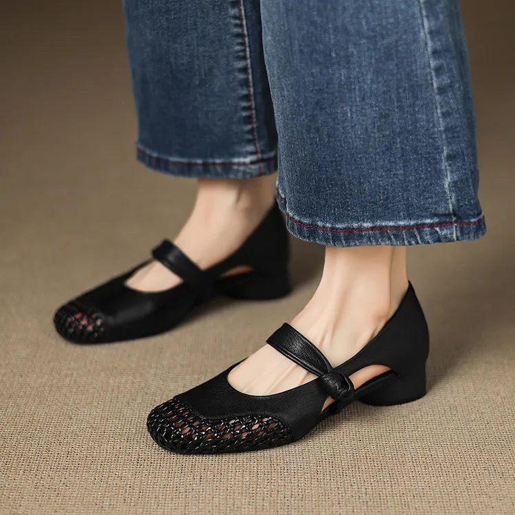 Our main product is a full leather 3cm mid-heel sheepskin fashion women's shoe, perfect for spring and summer. It features a hollowed-out design and a square toe with a chunky heel. - Black 34