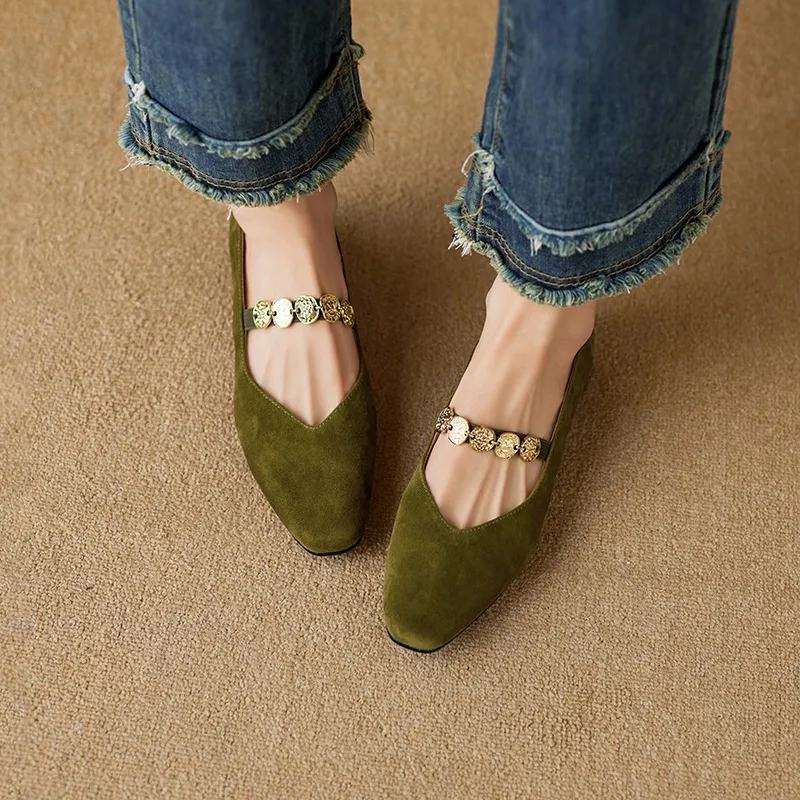 2.5cm ultra-comfortable low-heeled suede square-toe Mary Jane shoes, spring style. - Green 34