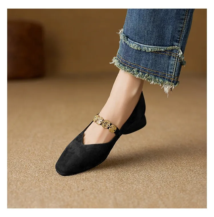 2.5cm ultra-comfortable low-heeled suede square-toe Mary Jane shoes, spring style. - Black 34