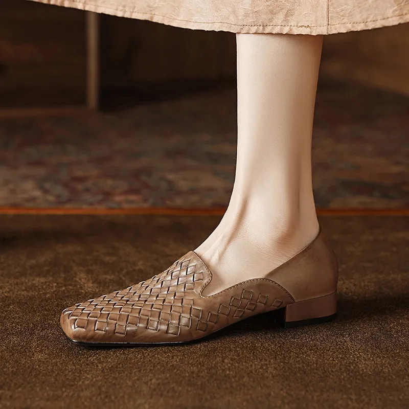 Spring and Autumn Square Toe Single Shoes Chunky Heel Low Heel Slip-on Cowhide Fashion Women's Shoes - Brown 34