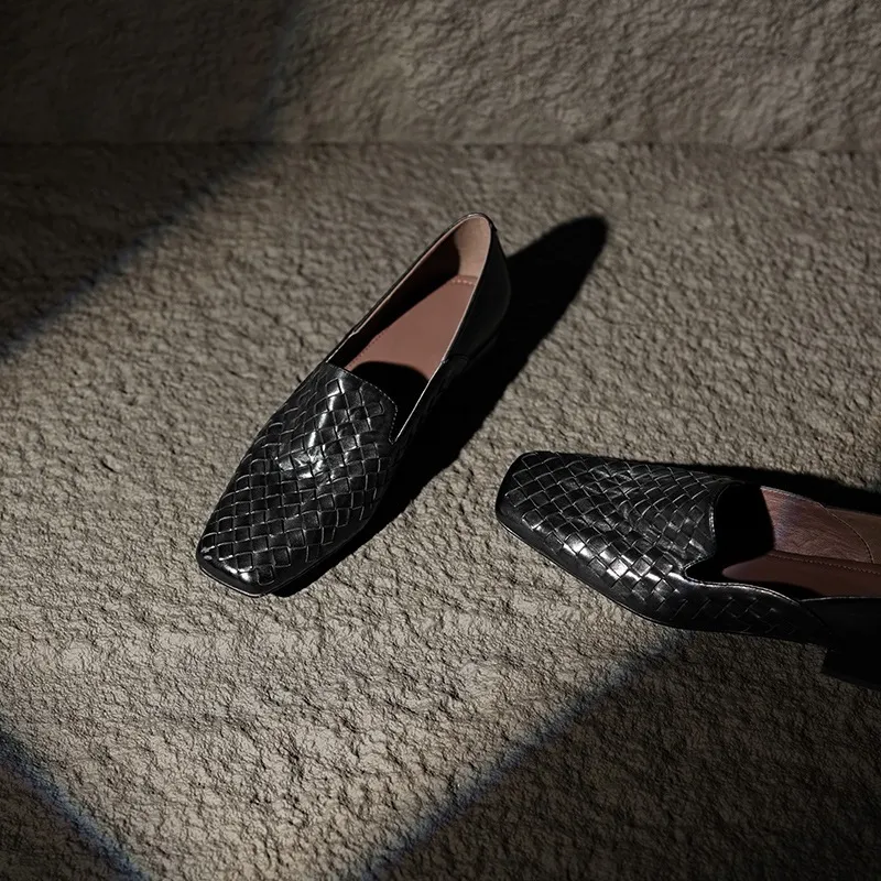 Spring and Autumn Square Toe Single Shoes Chunky Heel Low Heel Slip-on Cowhide Fashion Women's Shoes - Black 34