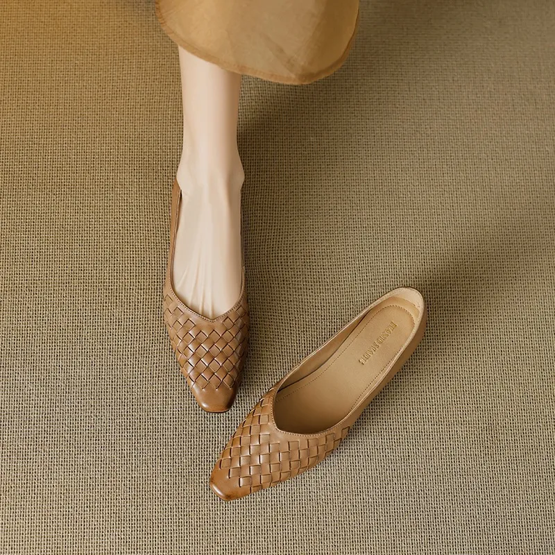 Spring and Autumn Square Toe Slip-on Cowhide Fashion Solid Color Women's Shoes Summer Shallow Mouth Woven Shoes 4142 - Apricot 34