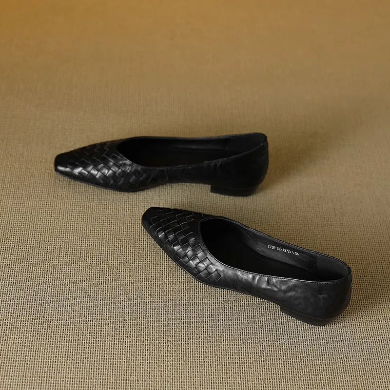 Spring and Autumn Square Toe Slip-on Cowhide Fashion Solid Color Women's Shoes Summer Shallow Mouth Woven Shoes 4142 - Black 34