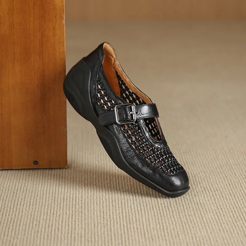 Spring/Summer Flat Round Toe Hollowed-out Sheepskin Comfortable and Soft Women's Shoes - Black 34