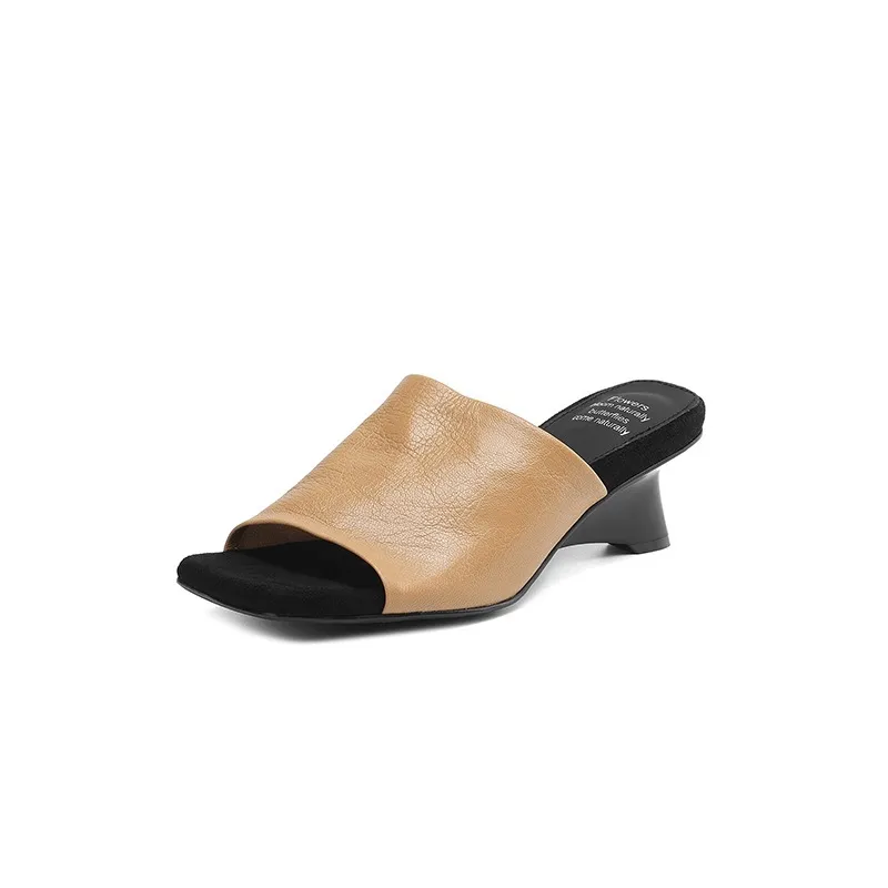 Spring/Summer Slippers, Square Toe, Unique Heel, High-Quality Sheepskin Women's Shoes, Fashionable Slippers - Apricot 34
