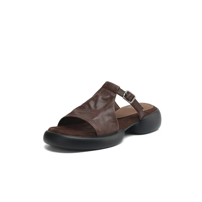 Spring/Summer platform slippers with chunky heels, worn over leather, fashionable women's shoes - Brown 34