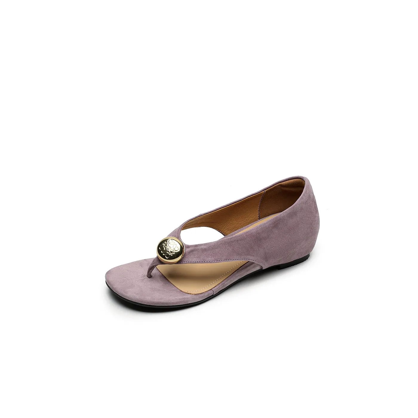 Spring/Summer Round Toe Sandals Flat Heel Cowhide Comfortable Women's Shoes - Purple 34