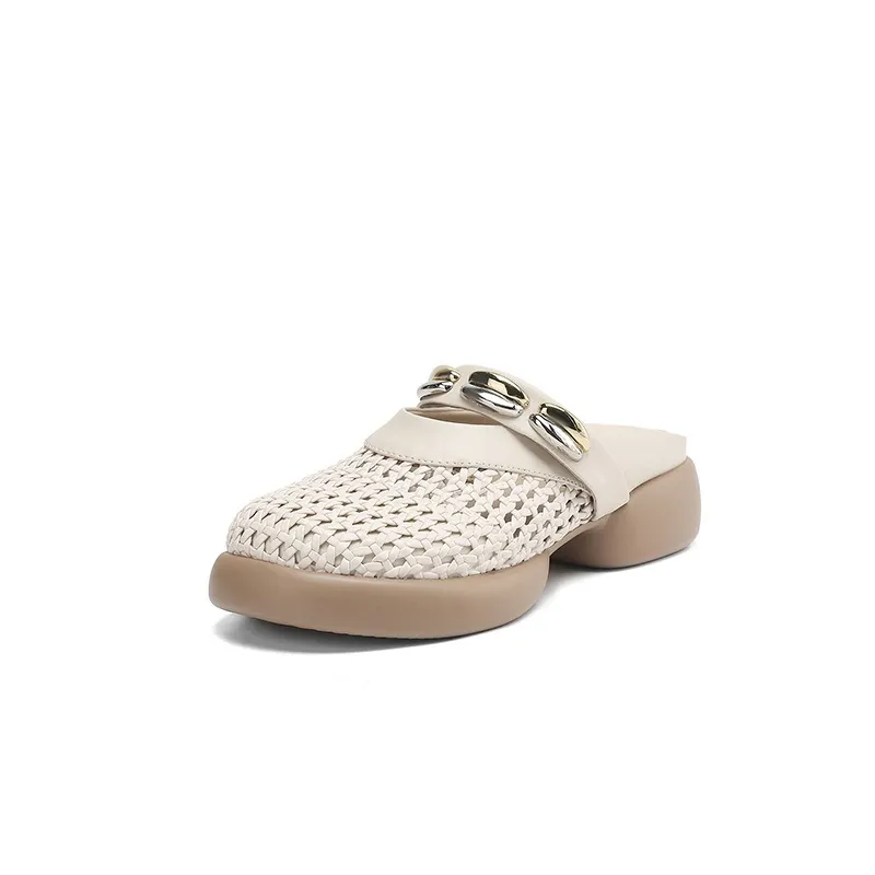 Spring/Summer Slippers, Round Toe, Thick Sole, Chunky Heel, Closed Toe, Hollow Out Cowhide Fashion Shoes for Women - Off-white 34