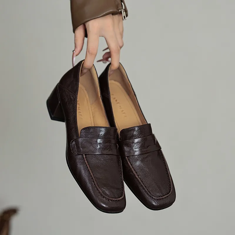 New Spring and Autumn Single Shoes, Chunky Heel, High Heel, Square Toe, Slip-on, Sheepskin, Comfortable, Fashionable Women's Shoes - Brown 34