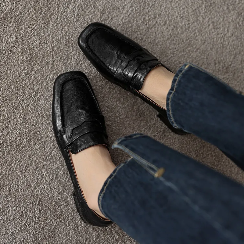 New Spring and Autumn Single Shoes, Chunky Heel, High Heel, Square Toe, Slip-on, Sheepskin, Comfortable, Fashionable Women's Shoes - Black 34