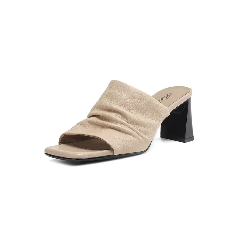 Spring/Summer Square-Toe Slippers Chunky Heel High Heels Outerwear Leather Fashion Women's Shoes - Apricot 34