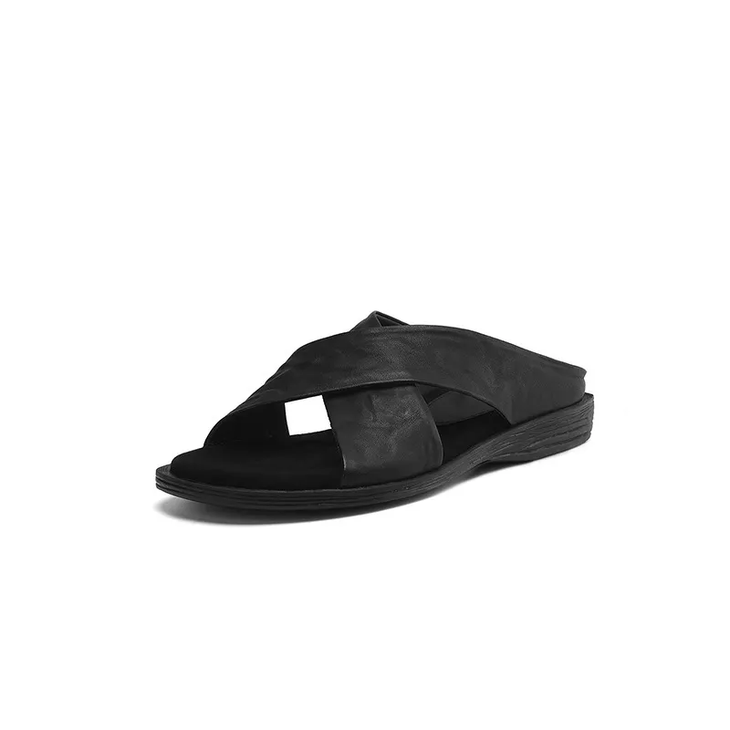 Spring/Summer Round Toe Flat Slippers, High-Quality Cowhide Leather, Sweat-Absorbing, Fashionable Women's Shoes in 3 Colors - Black 34