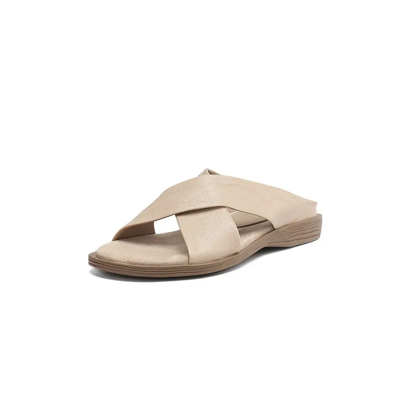 Spring/Summer Round Toe Flat Slippers, High-Quality Cowhide Leather, Sweat-Absorbing, Fashionable Women's Shoes in 3 Colors - Apricot 34