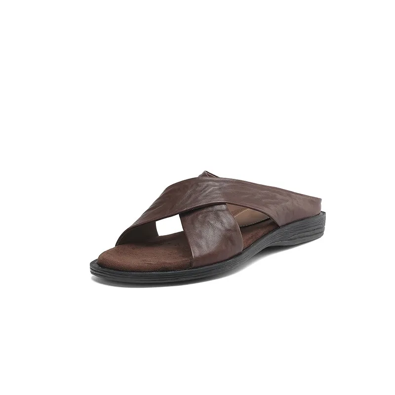 Spring/Summer Round Toe Flat Slippers, High-Quality Cowhide Leather, Sweat-Absorbing, Fashionable Women's Shoes in 3 Colors - Brown 34