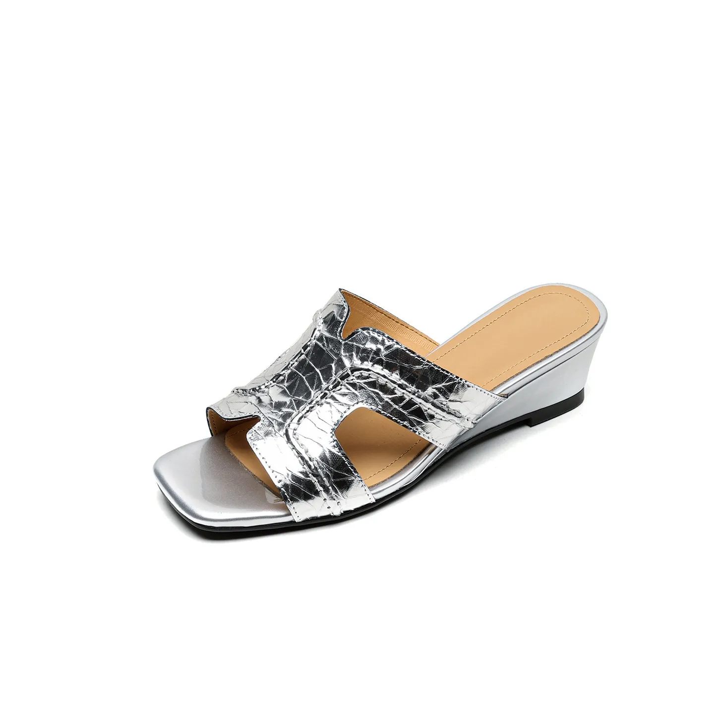 Spring/Summer Square-Toe Chunky Heel Wedge Sandals, Cowhide, Comfortable Women's Shoes for Outdoor Wear - Silver 34