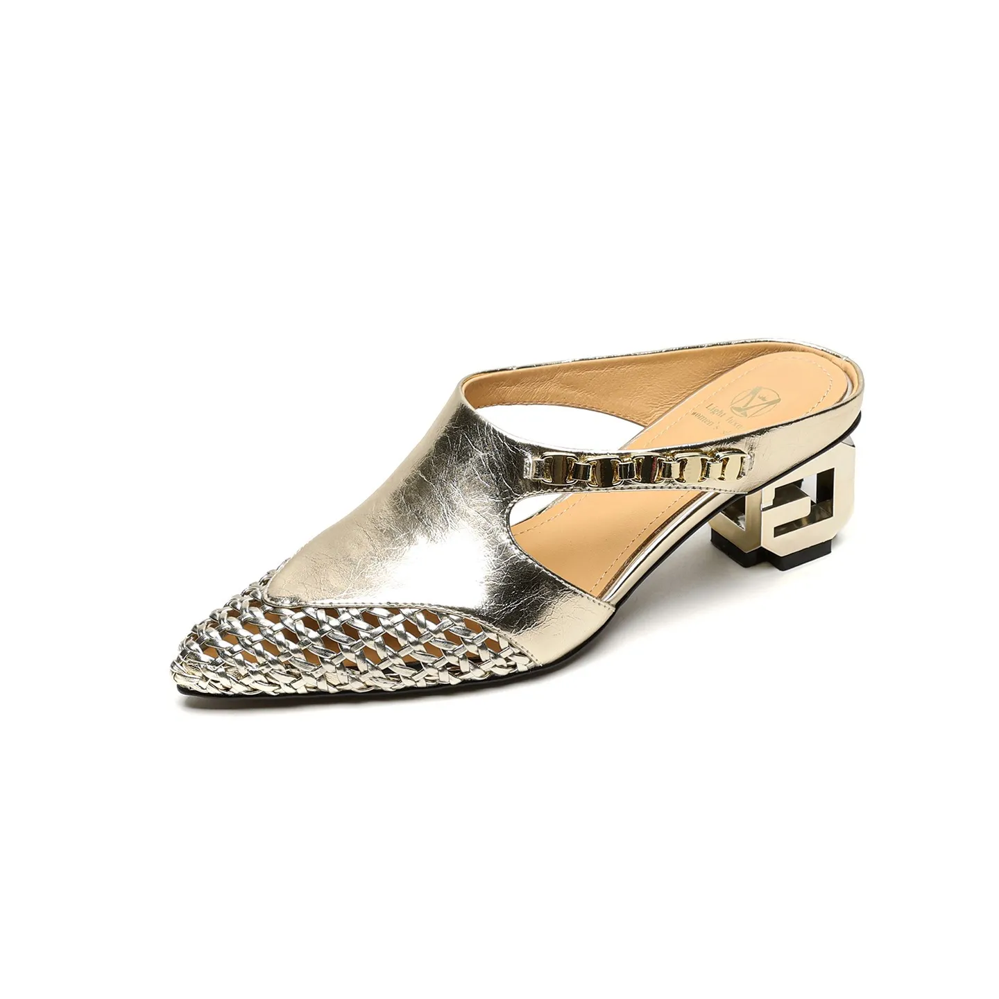 Spring/Summer Slippers Chunky Heel High Heel Pointed Toe Leather Closed Toe Fashion Women's Shoes - Gold 34
