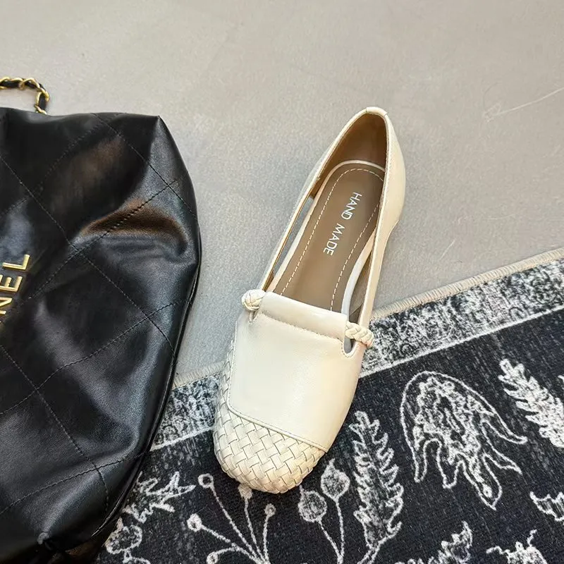 Genuine leather 3cm comfortable mid-heel square-toe woven single shoes, sheepskin chunky heel Mary Jane fashion shoes - White 34