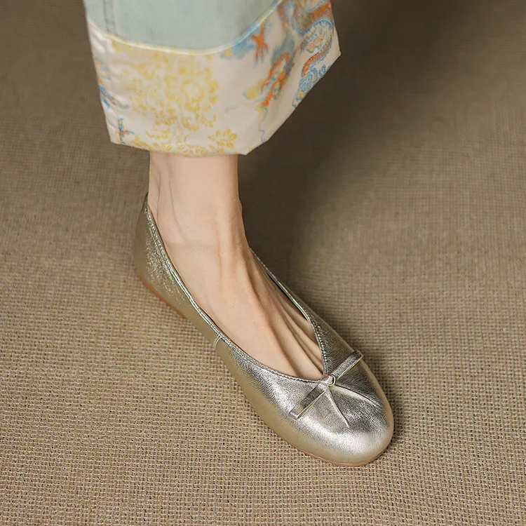 Spring/Summer Round Toe Flat Shoes with Bow - Comfortable and Soft Women's Shoes 6-23j - Gold 34