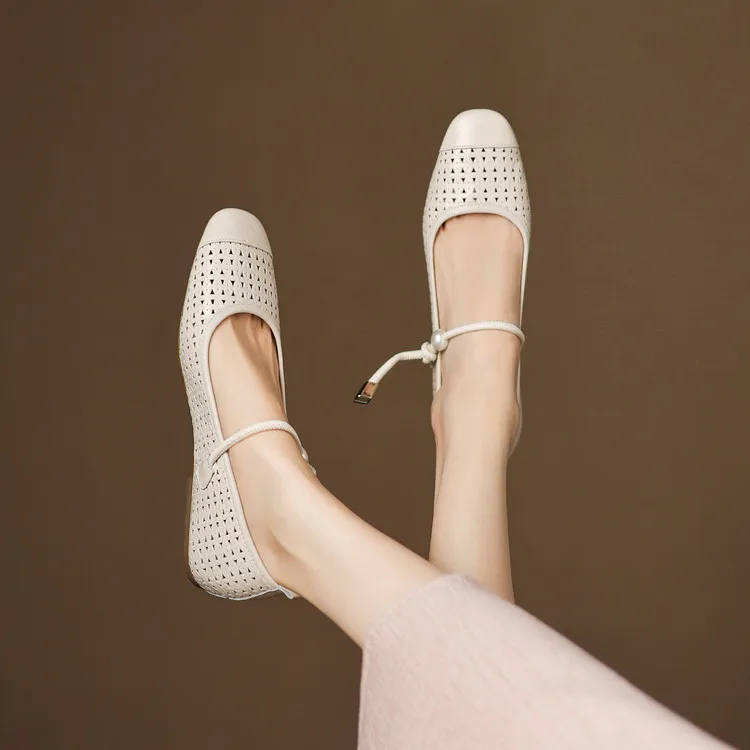 Round-toe flat shoes, hollowed-out sheepskin, blue and off-white fashion women's shoes, 6-28a - Off-white 34