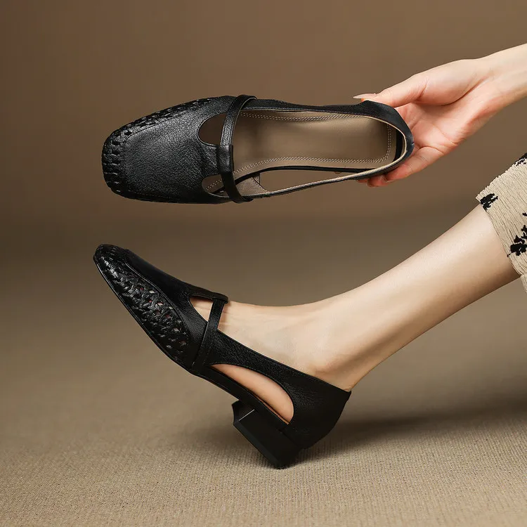 Chunky heel square toe openwork sheepskin beige and black fashion women's shoes 6-28d - Black 34