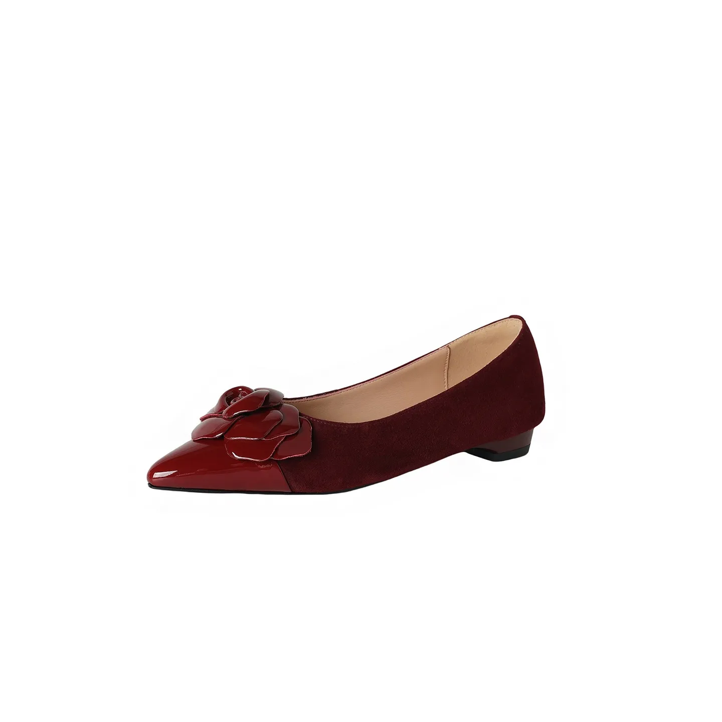 Autumn pointed-toe chunky heel low-heel floral color-block Chanel-style lambskin fashion shoes - Burgundy 34