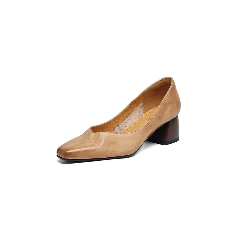 In-stock video: Spring/Autumn style chunky heeled high heel square toe low-cut single shoes, cowhide slip-on fashion women's shoes - Apricot 34
