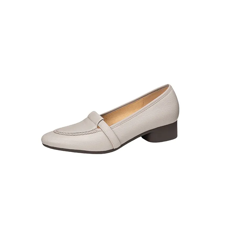 Autumn low-cut, chunky heel, round toe, sheepskin slip-on women's shoes, simple style, black, apricot, gray. - Elephant Grey 34