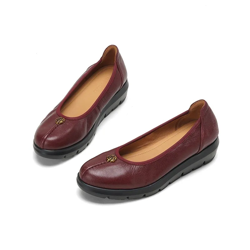 Autumn thick-soled flat shoes, round toe, low-cut, comfortable and soft sheepskin women's shoes - Burgundy 34