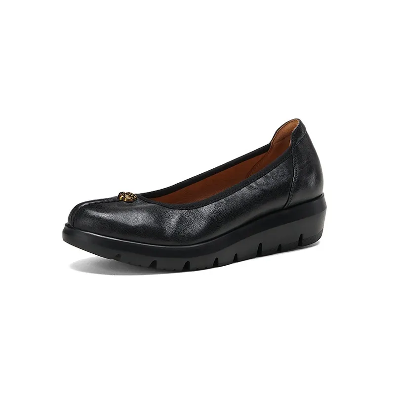 Autumn thick-soled flat shoes, round toe, low-cut, comfortable and soft sheepskin women's shoes - Black 34