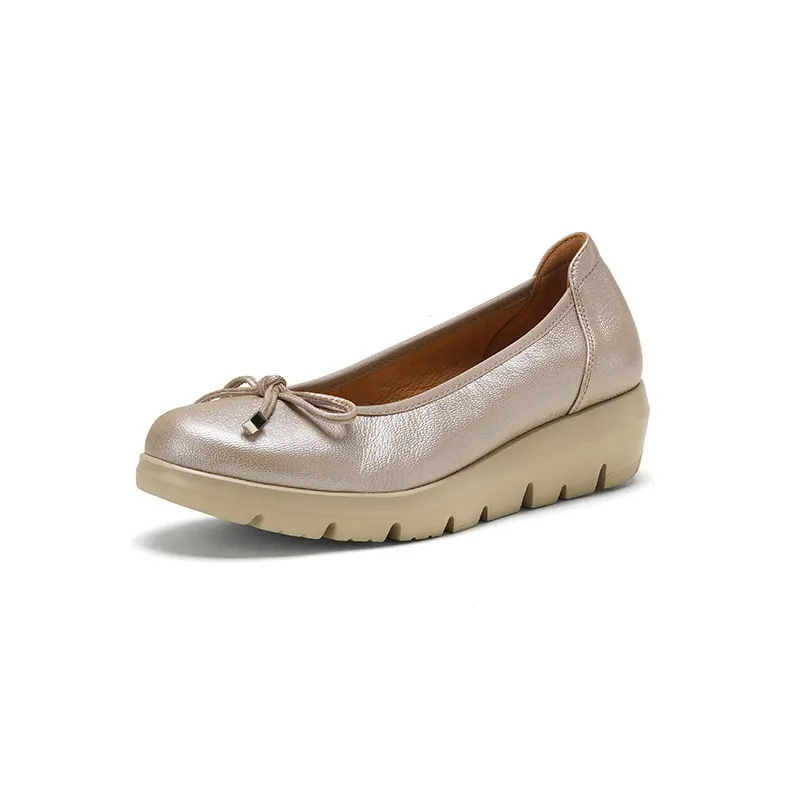 Autumn low-cut slip-on women's shoes with round toe, thick sole, and bow. - Champagne color 34