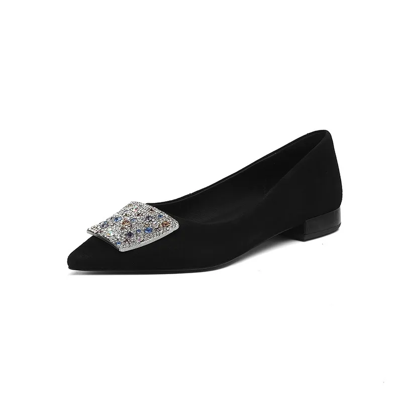 Autumn pointed-toe chunky heel mid-heel flats, low-cut sheepskin rhinestone buckle fashion women's shoes - Black 34