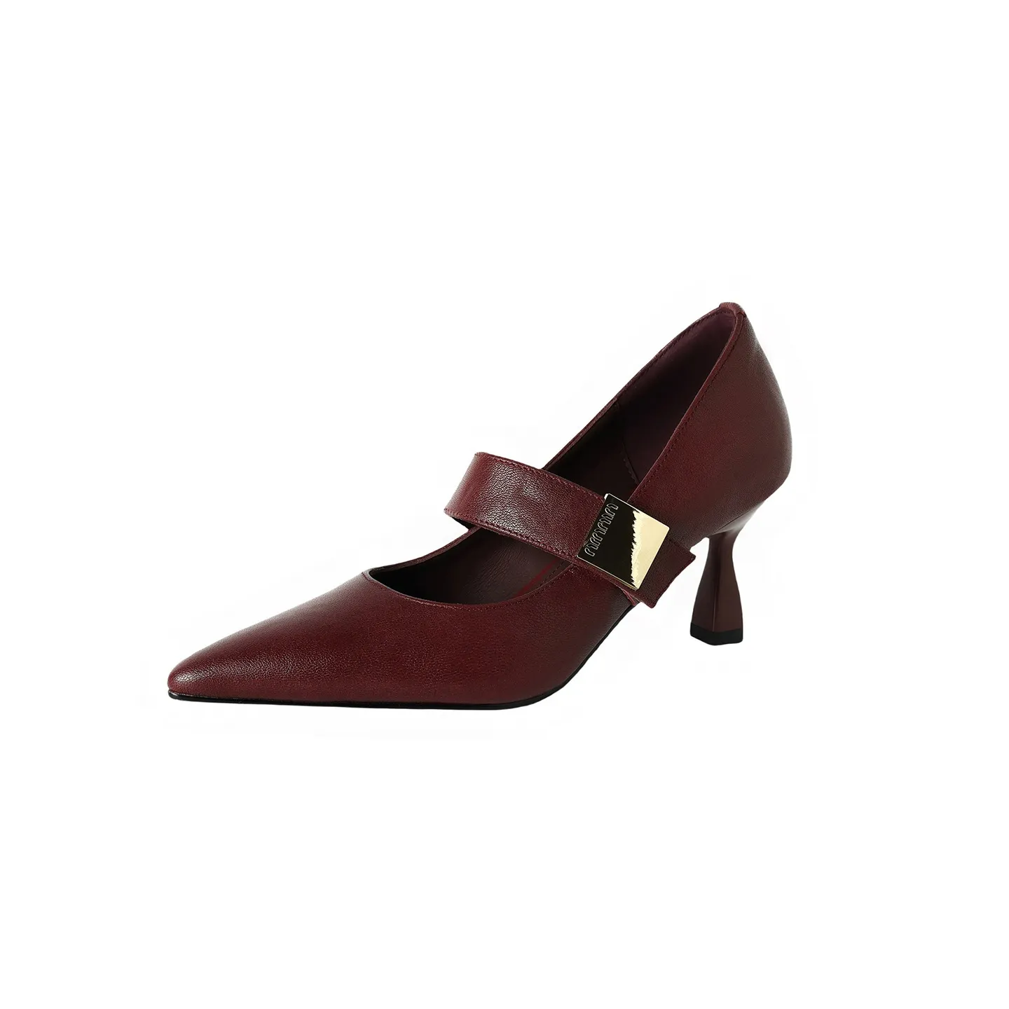 Autumn stiletto heeled pointed-toe low-cut sheepskin French Mary Jane shoes - Burgundy 34