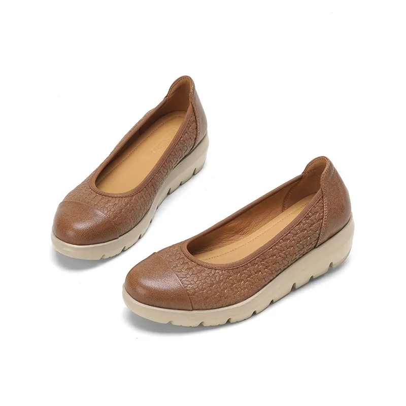 Autumn round-toe platform flats, comfortable sheepskin women's shoes, brown and black. - Yellowish-brown 34