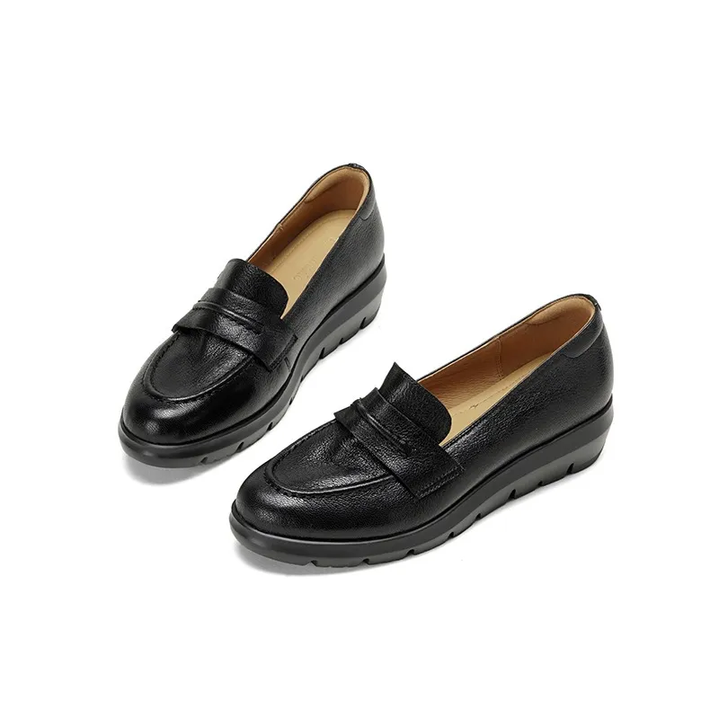 Autumn round-toe slip-on women's shoes with thick soles, wedge heels, and sheepskin leather. - Black 34