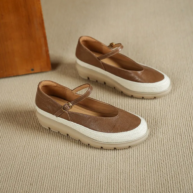 Autumn Thick-Soled Low-Cut Sheepskin Buckle Comfortable Color-Blocked Women's Shoes - Yellow-brown 34