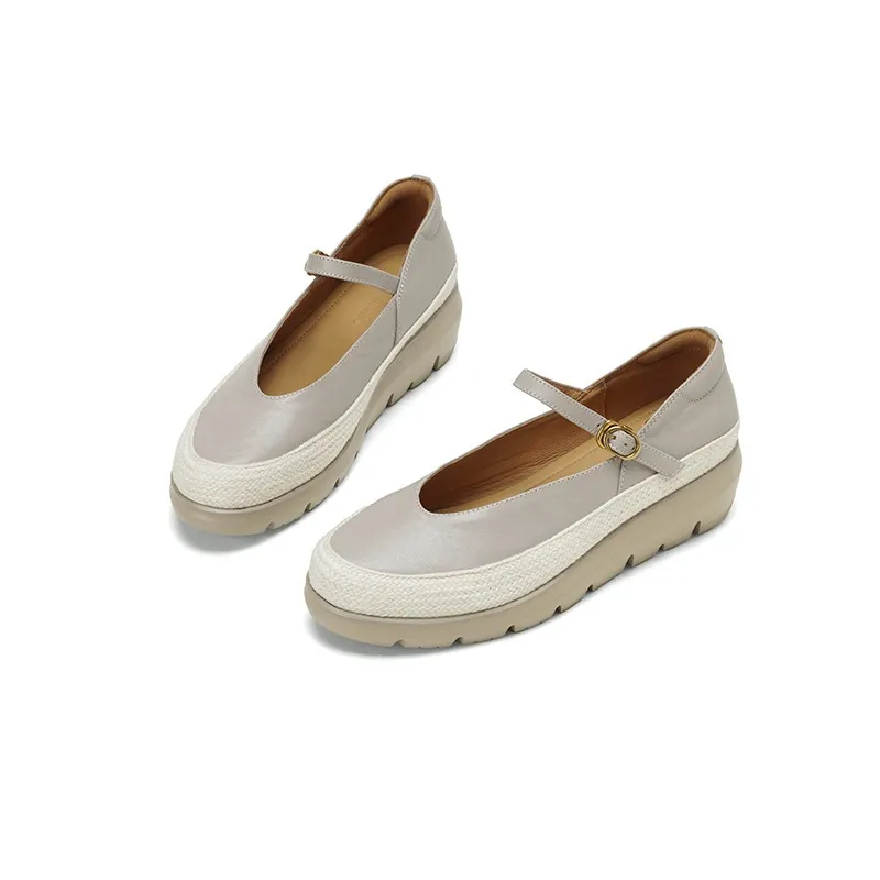 Autumn Thick-Soled Low-Cut Sheepskin Buckle Comfortable Color-Blocked Women's Shoes - Light gray 34