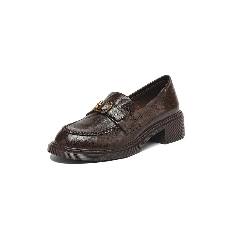 Autumn round-toe chunky heel platform loafers, comfortable sheepskin loafers, women's, black and brown, size 4041 - Brown 34