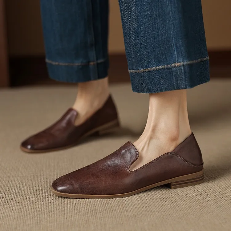 Autumn single shoes, square toe, chunky heel, low heel, cowhide fashion slip-on women's shoes, stylish genuine leather shoes - Brown 34