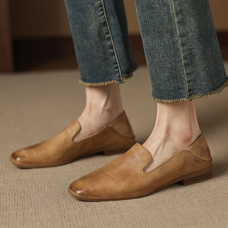 Autumn single shoes, square toe, chunky heel, low heel, cowhide fashion slip-on women's shoes, stylish genuine leather shoes - Khaki 34