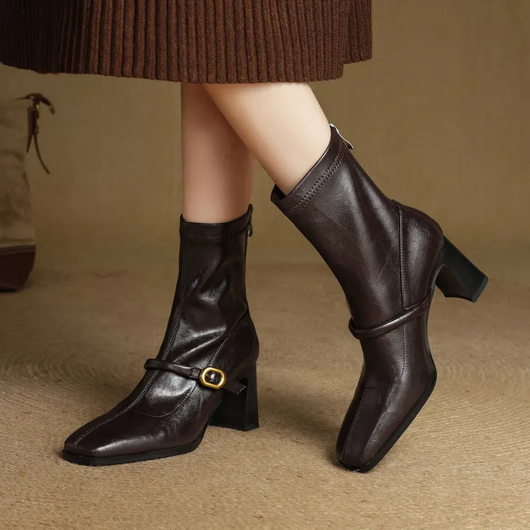 Autumn/Winter Square Toe Fashion Ankle Boots Chunky Heel High Heel Elastic Slim Fit Boots Back Zipper Women's Boots 9-1p - Brown single liner 34