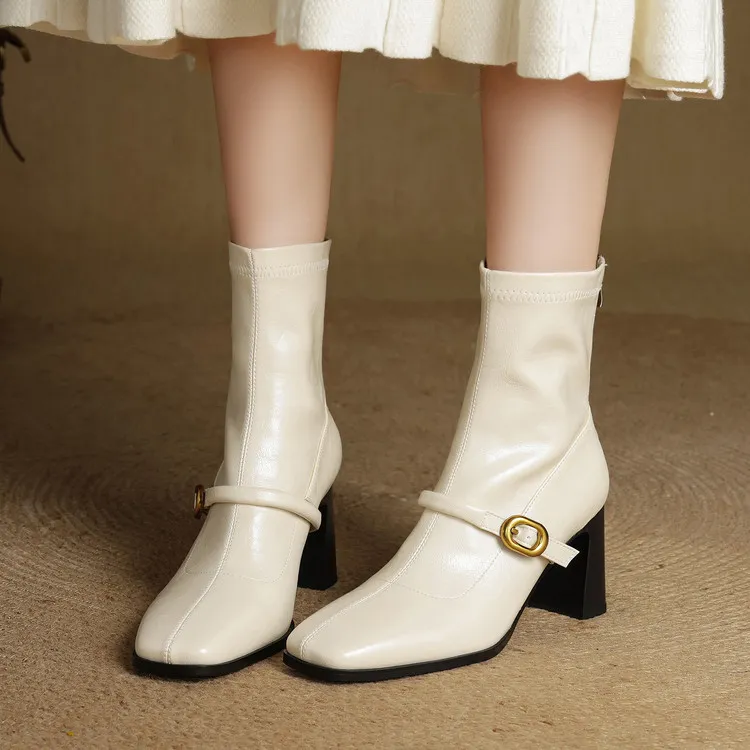Autumn/Winter Square Toe Fashion Ankle Boots Chunky Heel High Heel Elastic Slim Fit Boots Back Zipper Women's Boots 9-1p - White single 34